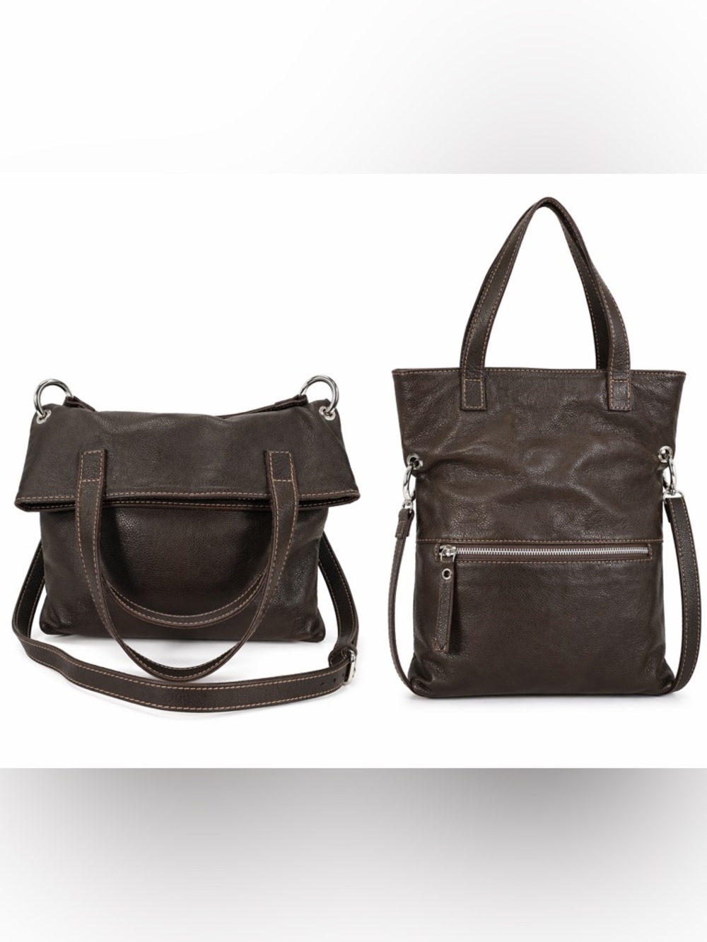 Del Borgo Italian Pebbled Leather Bag Convertible Tote Foldover Crossbody Brown